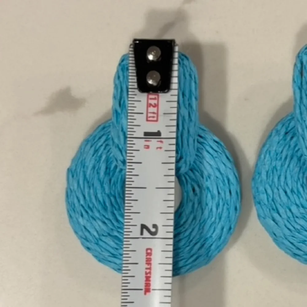 Boho Wrapped Raffia Door Knocker Earrings Blue Statement Show Stopper